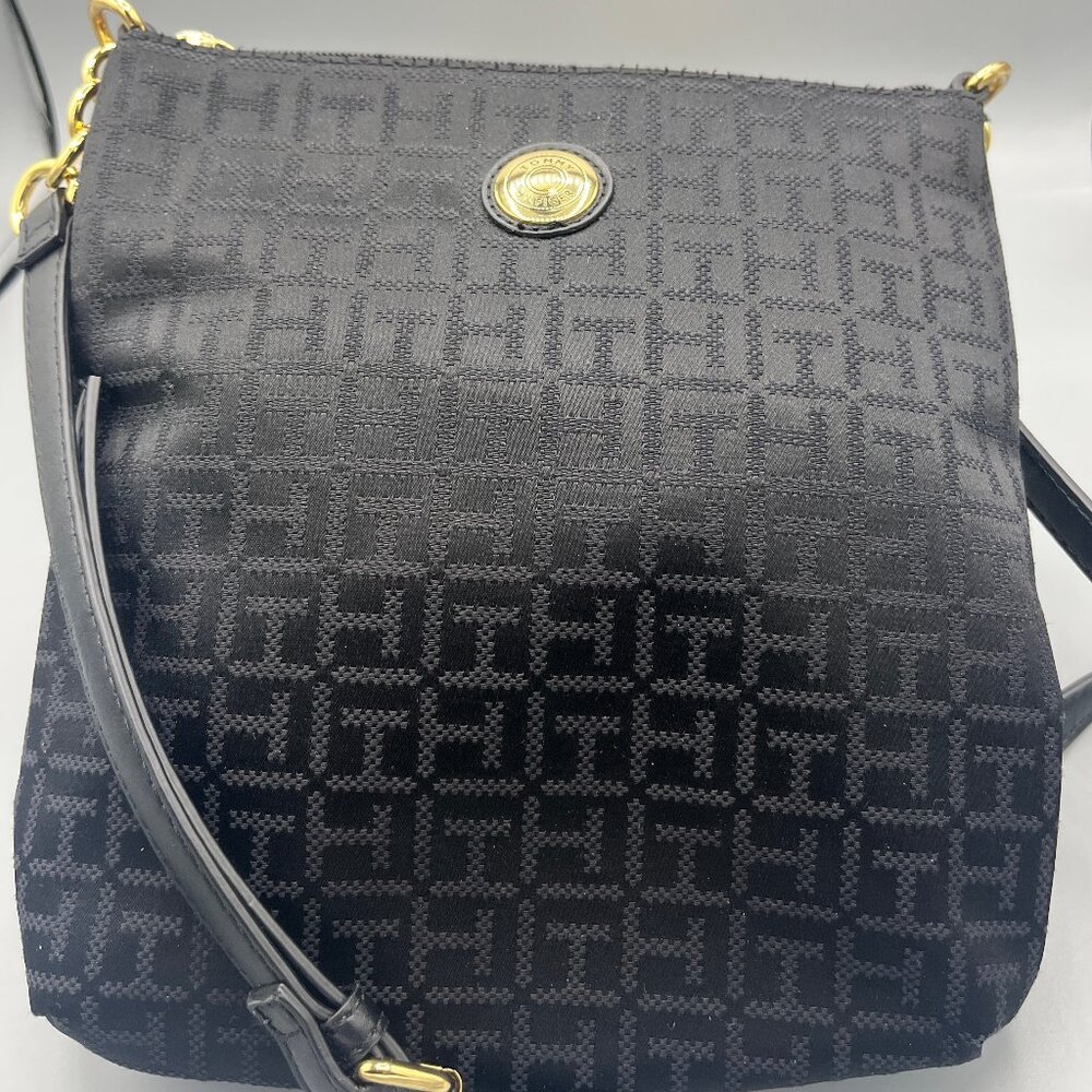 TOMMY HILFIGER  WOMEN'S BLACK SIGNATURE CANVAS CROSSBODY/SHOULDER WITH GOLD TONE